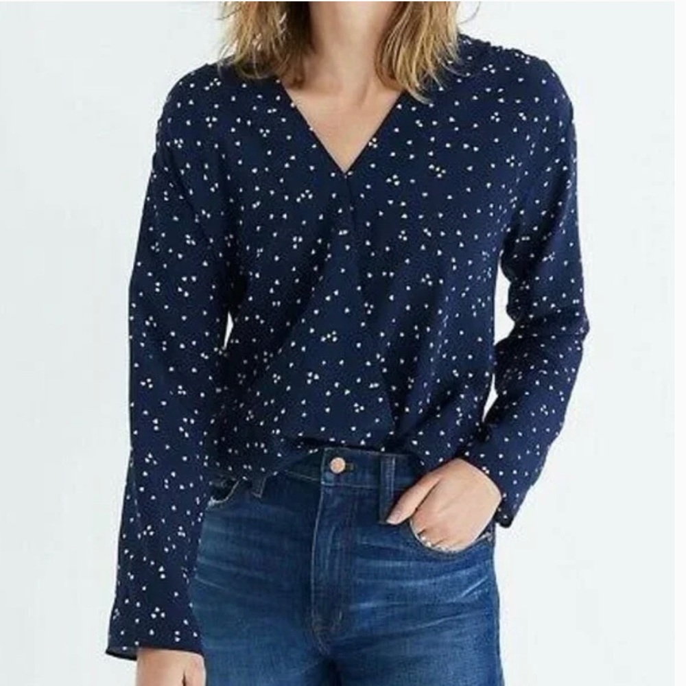 Madewell Blue 100% Silk Heart Print Faux Wrap Blouse Women’s XS